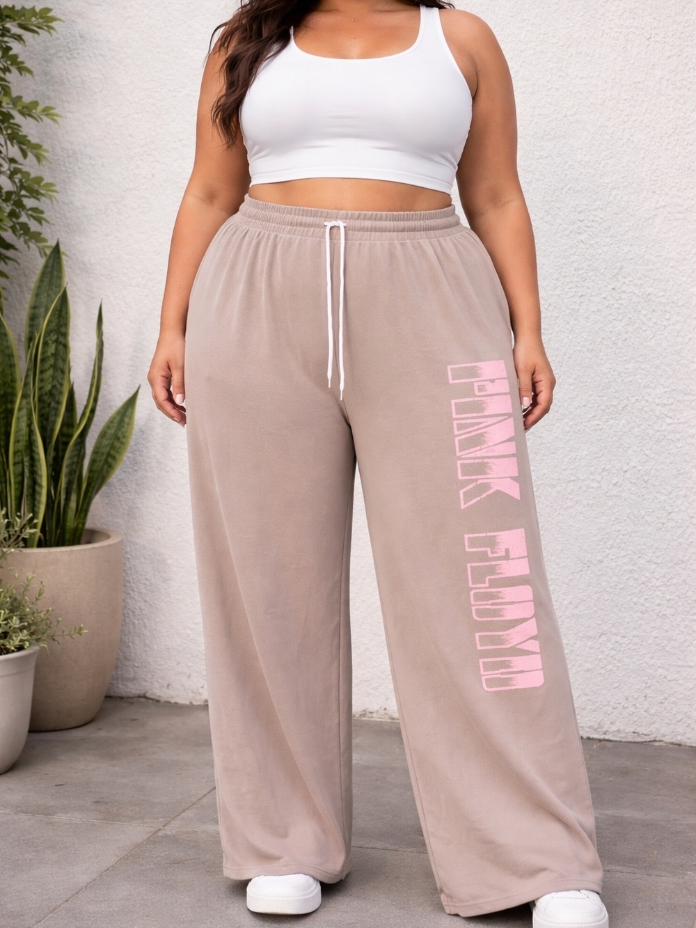 (On Sale) Pink Floyd Taupe Wide Leg Lounge Pants with Pink Logo by